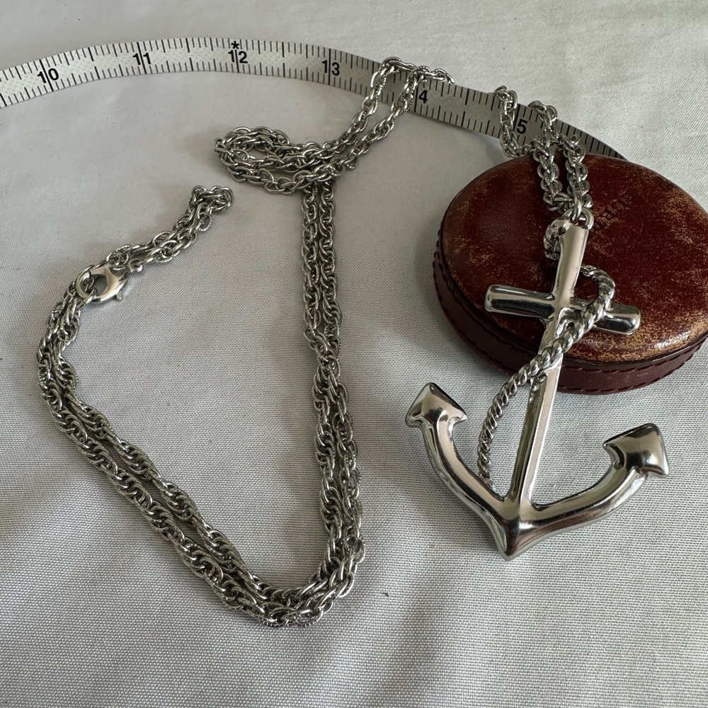 Long silvertone anchor statement necklace